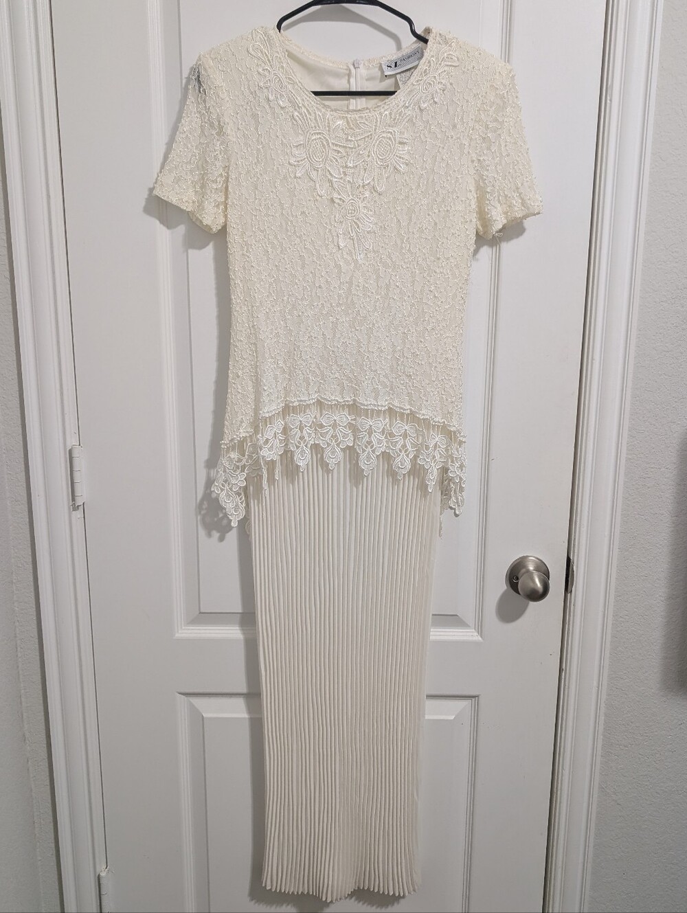 Vintage 80s S.L. Fashions Pleated Lace Maxi Dress Ivory Cream Size 10